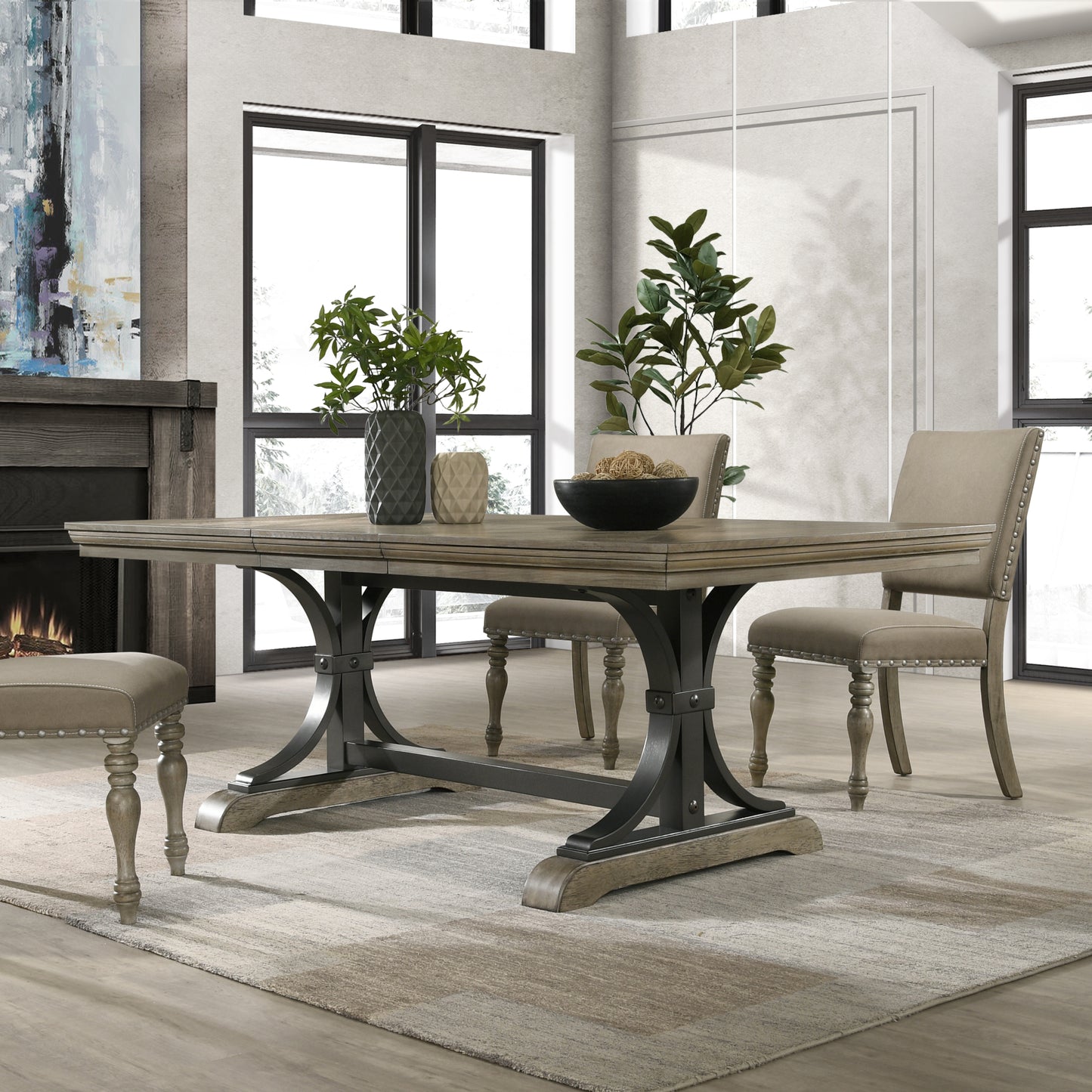 Roundhill Furniture Birmingham 7-Piece Dining Set, Extendable Table with Nailhead Chairs, Driftwood Finish