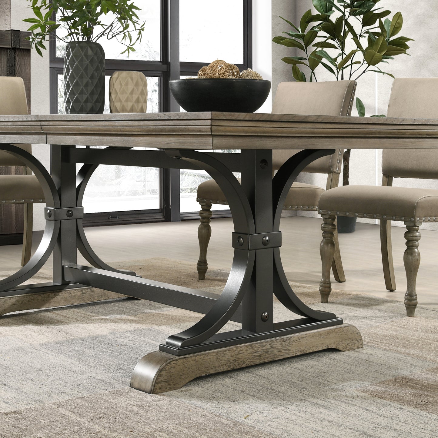 Roundhill Furniture Birmingham 7-Piece Dining Set, Extendable Table with Nailhead Chairs, Driftwood Finish