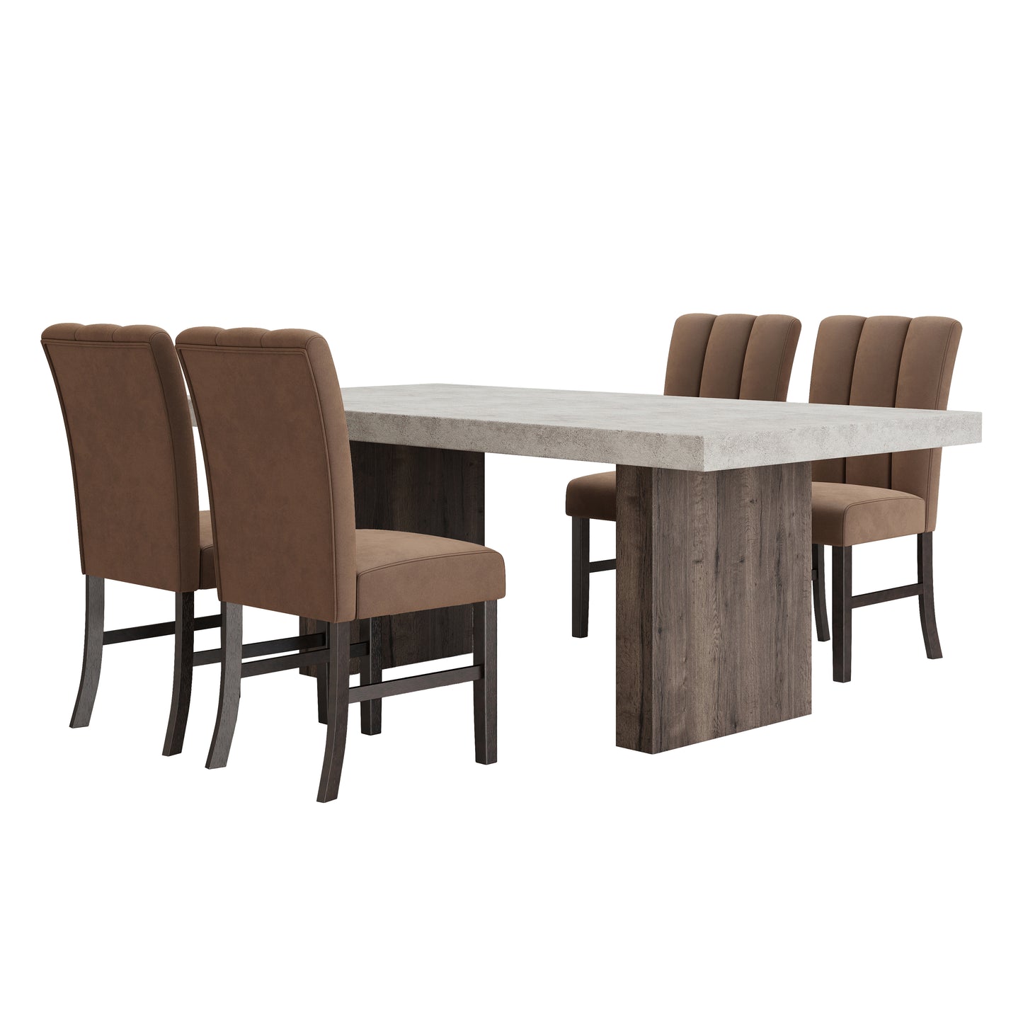 Roundhill Furniture Sorlen 5-Piece Dining Set, 3D Faux Concrete Table with 4 Chocolate Fabric Chairs
