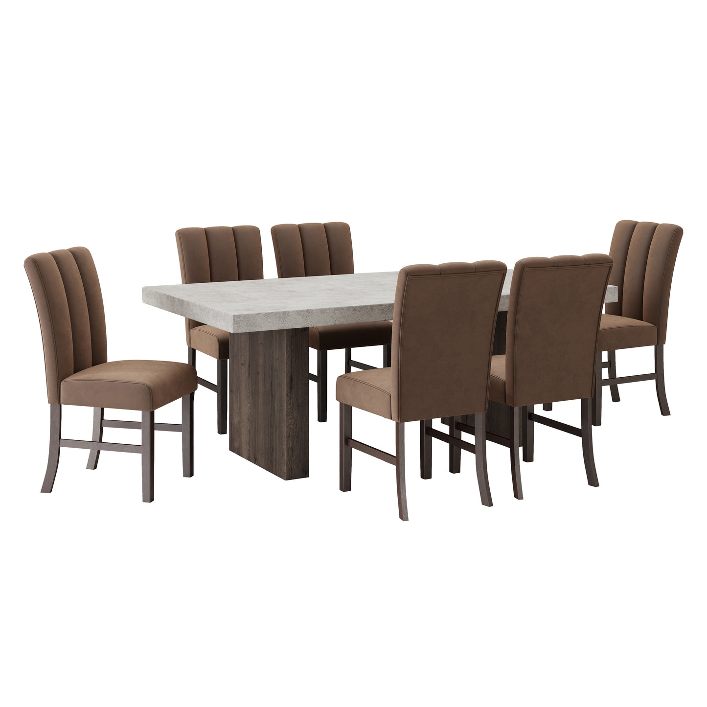 Roundhill Furniture Sorlen 7-Piece Dining Set, 3D Faux Concrete Table with 6 Chocolate Fabric Chairs
