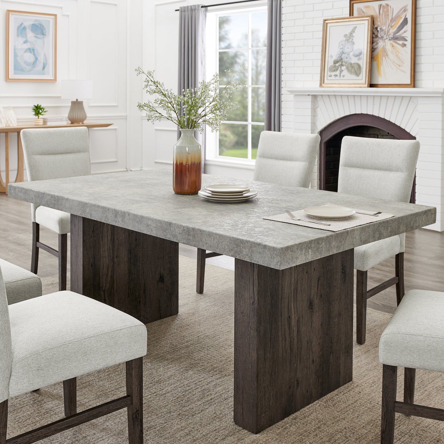 Roundhill Furniture Sorlen Modern 7-Piece Dining Set, 3D Faux Concrete Table with 6 Chairs
