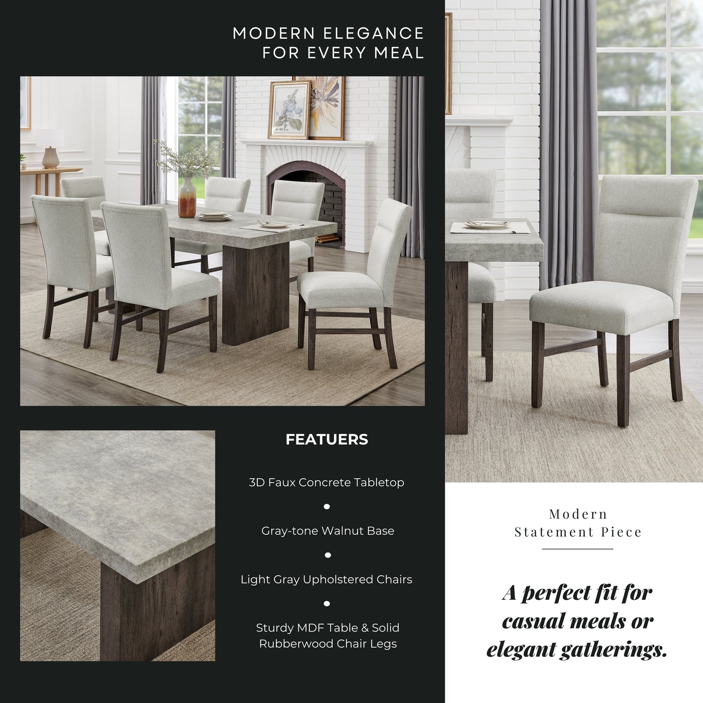 Roundhill Furniture Sorlen Modern 7-Piece Dining Set, 3D Faux Concrete Table with 6 Chairs