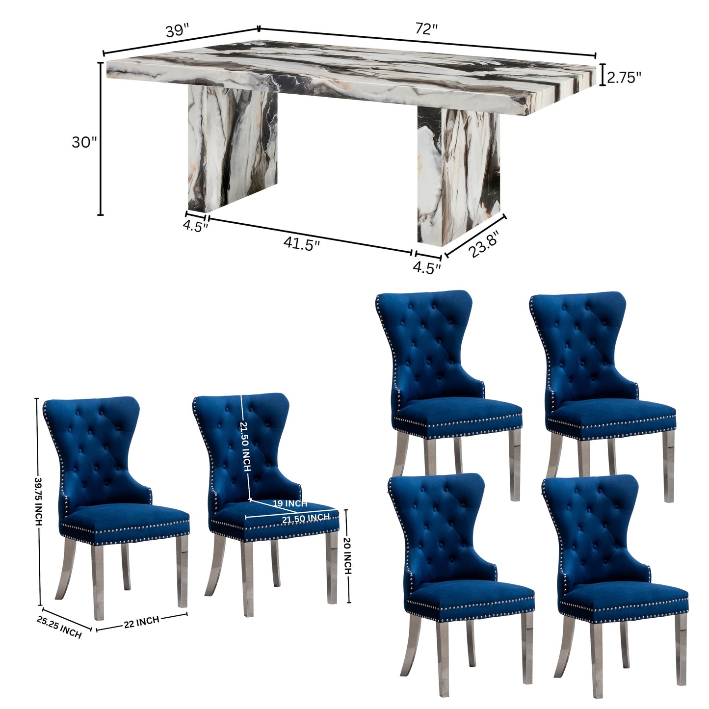 Roundhill Furniture Cavira Modern Dining Set, Faux Marble Dining Table with Four Chairs