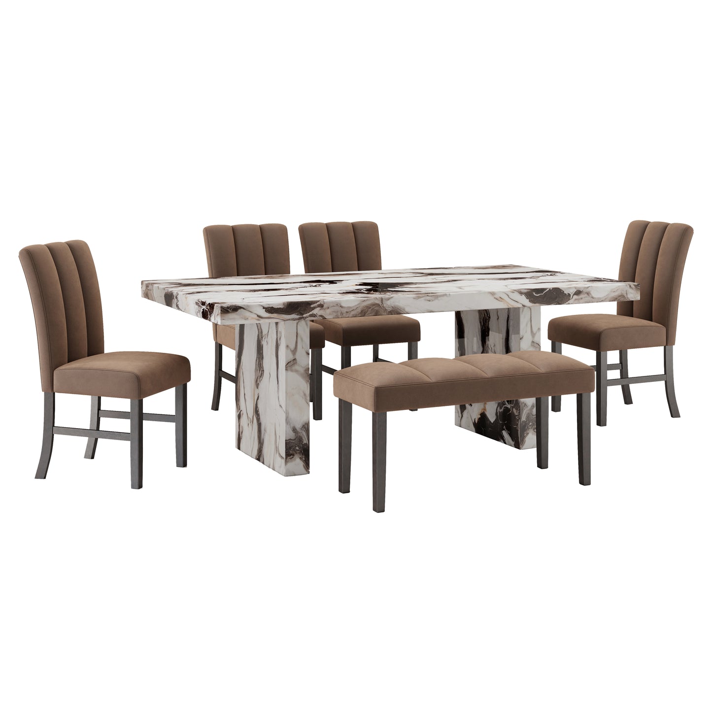 Roundhill Furniture Cavira 6-Piece Modern Faux Marble Dining Set, Double Pedestal Table with 4 Upholstered Chairs and a Bench