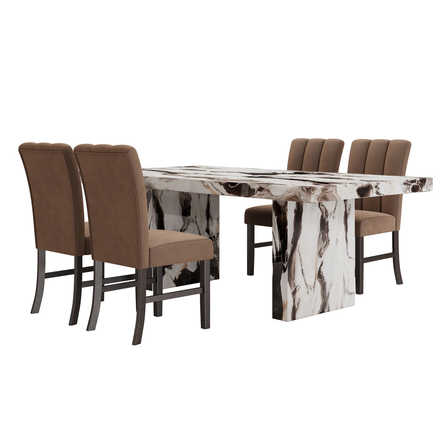 Roundhill Furniture Cavira 5-Piece Modern Faux Marble Dining Set, Double Pedestal Table with 4 Upholstered Chairs