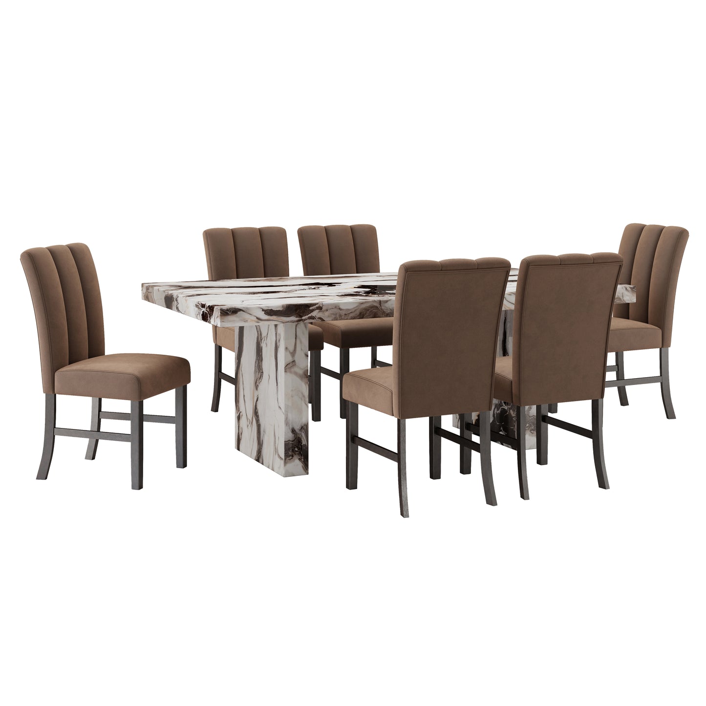 Roundhill Furniture Cavira 7-Piece Modern Faux Marble Dining Set, Double Pedestal Table with 6 Upholstered Chairs