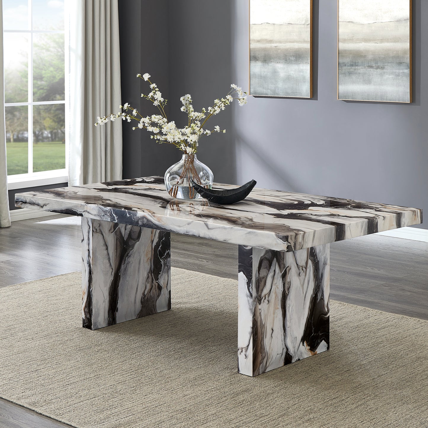 Roundhill Furniture Cavira Modern Faux Marble Dining Table with 4 Chairs and Bench