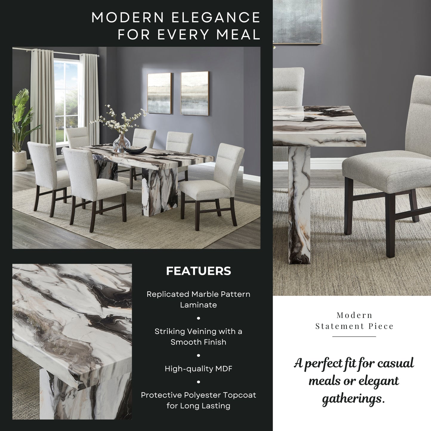 Roundhill Furniture Cavira Modern Faux Marble Dining Table with 6 Chairs