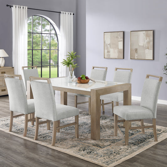 Roundhill Furniture Zelalle 7-Piece Dining Set, Table with 6 Chairs, White Wired-Brushed Finish