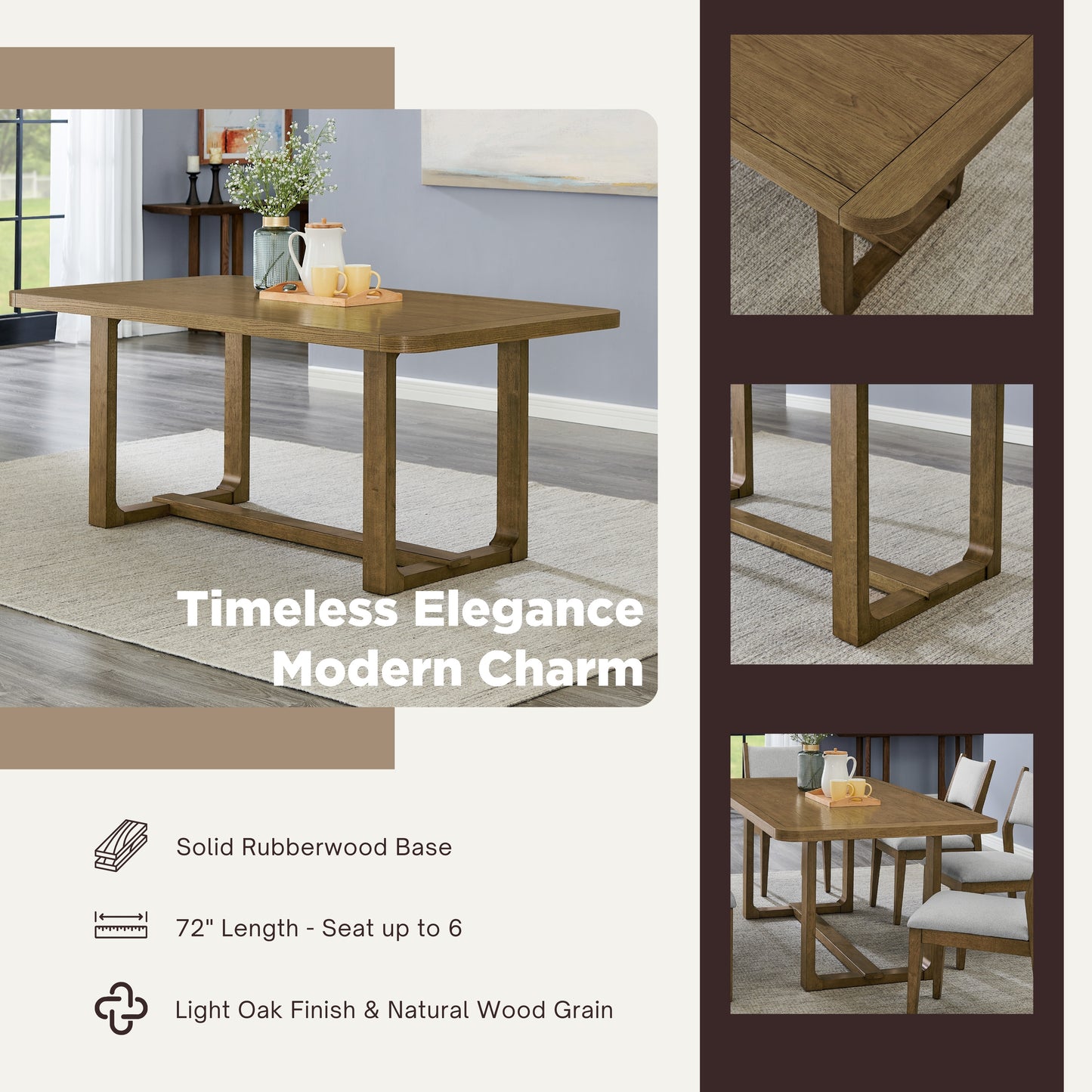 Roundhill Furniture Parker Dining Set, Trestle Dining Table with Stylish Chairs, Light Oak