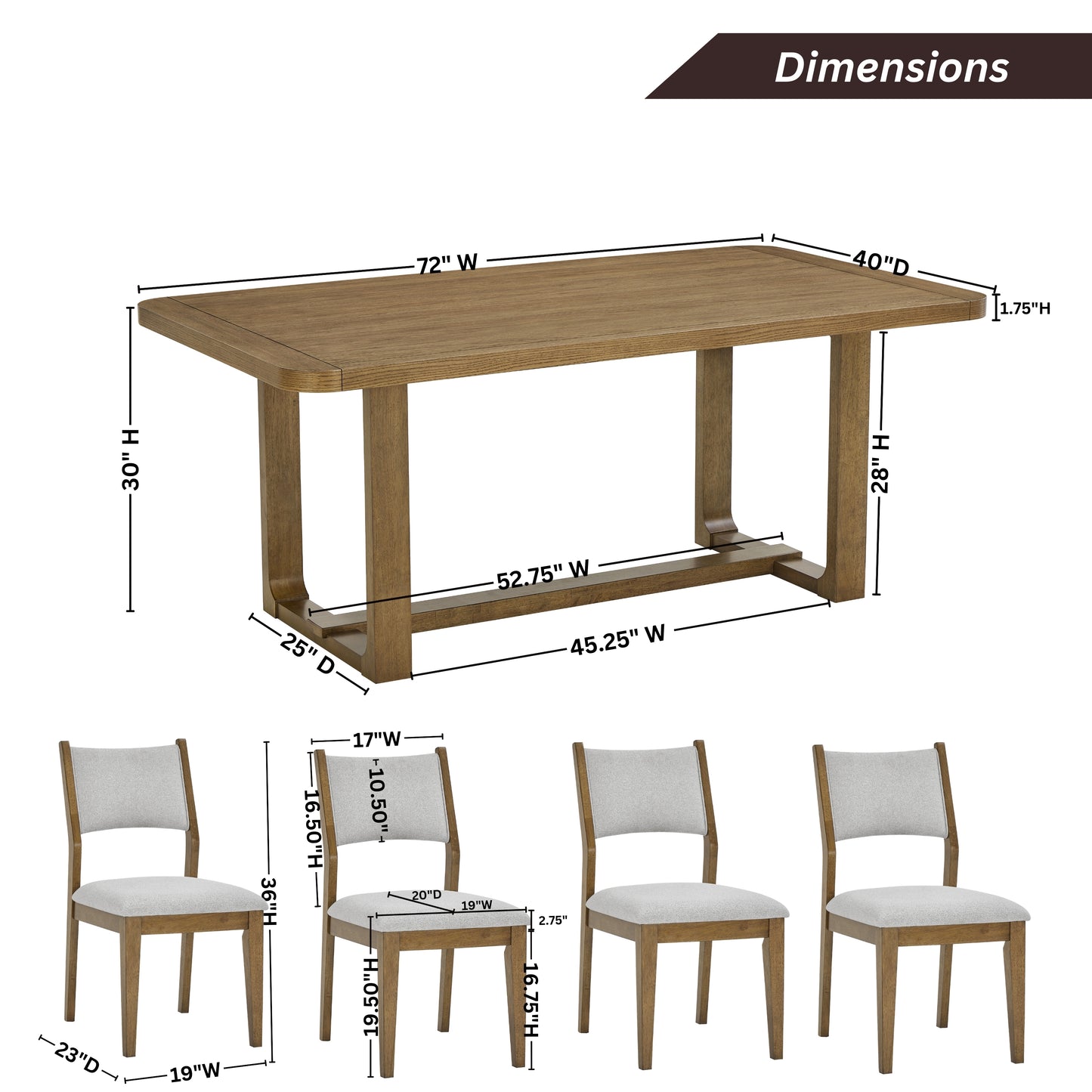 Roundhill Furniture Parker Dining Set, Trestle Dining Table with Stylish Chairs, Light Oak
