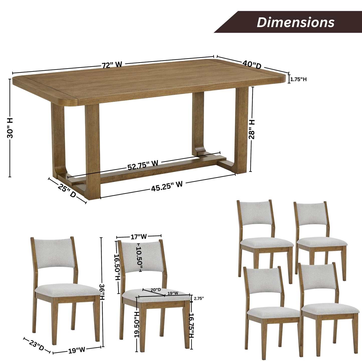 Roundhill Furniture Parker Dining Set, Trestle Dining Table with Stylish Chairs, Light Oak