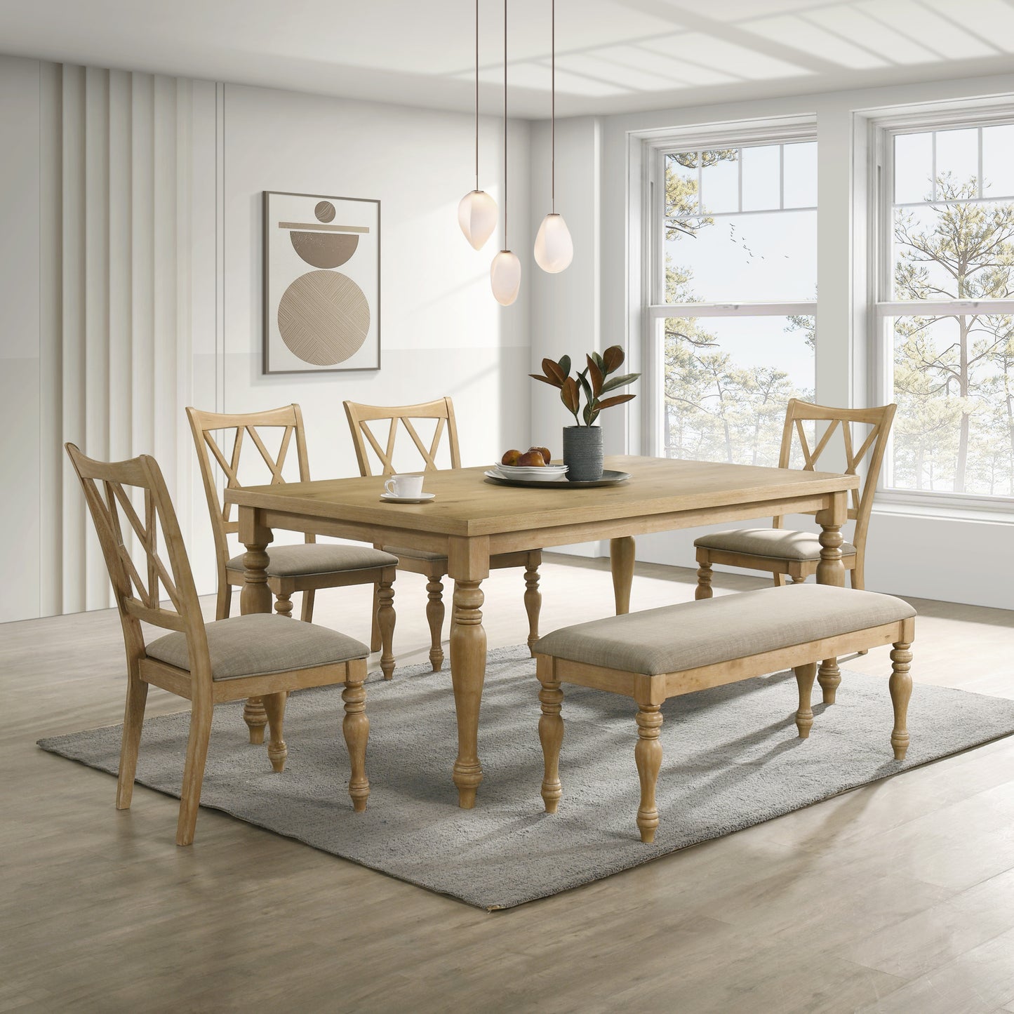 Roundhill Furniture Verta 6-Piece Dining Table with 4 Cross Back Dining Chairs and Bench, Light Oak Finish