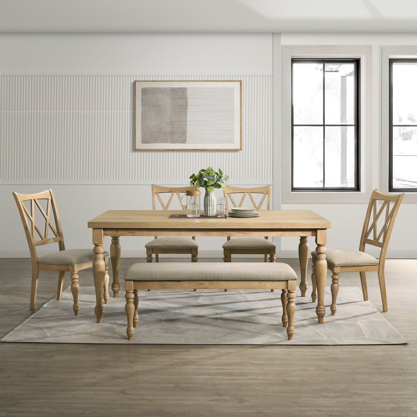 Roundhill Furniture Verta 6-Piece Dining Table with 4 Cross Back Dining Chairs and Bench, Light Oak Finish
