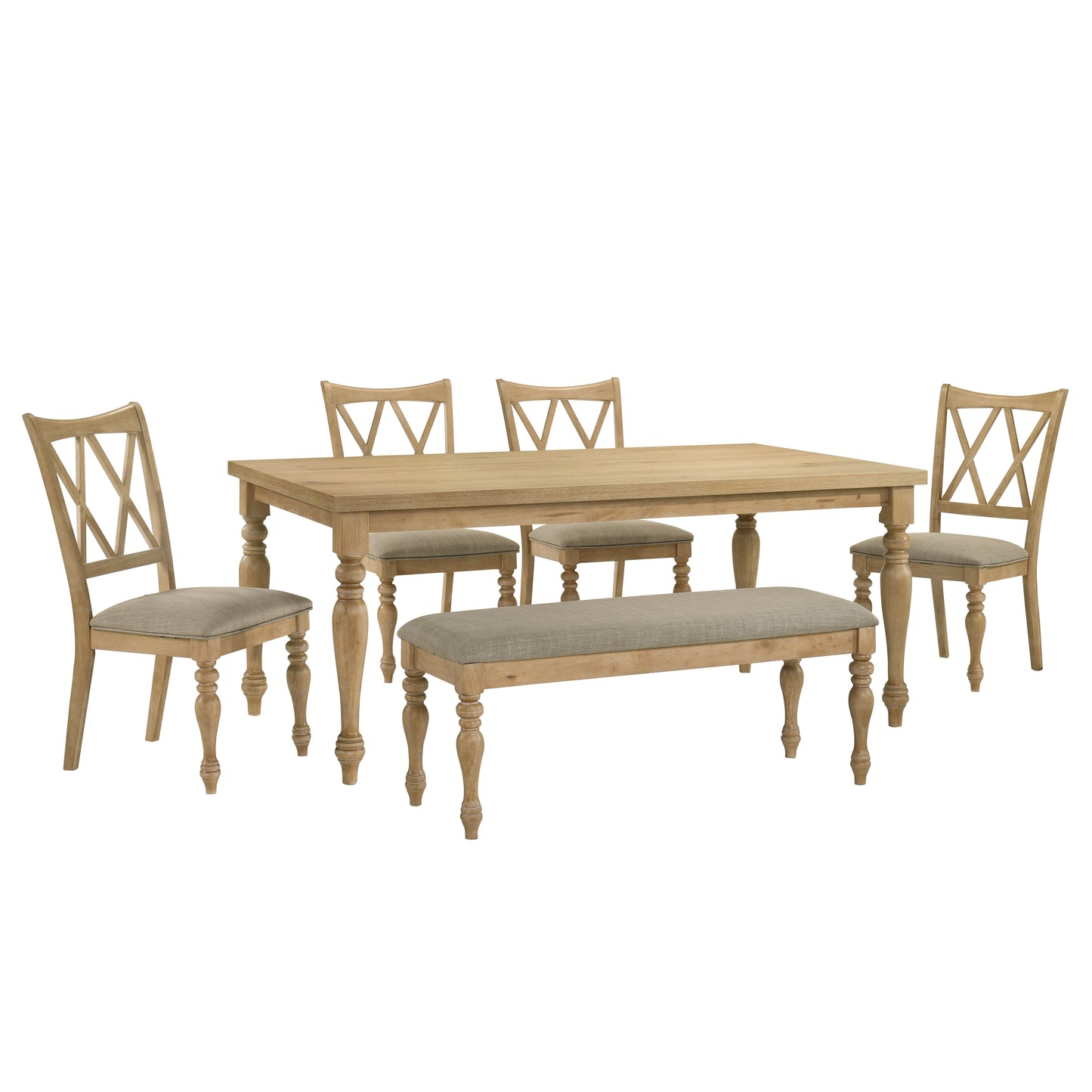 Roundhill Furniture Verta 6-Piece Dining Table with 4 Cross Back Dining Chairs and Bench, Light Oak Finish