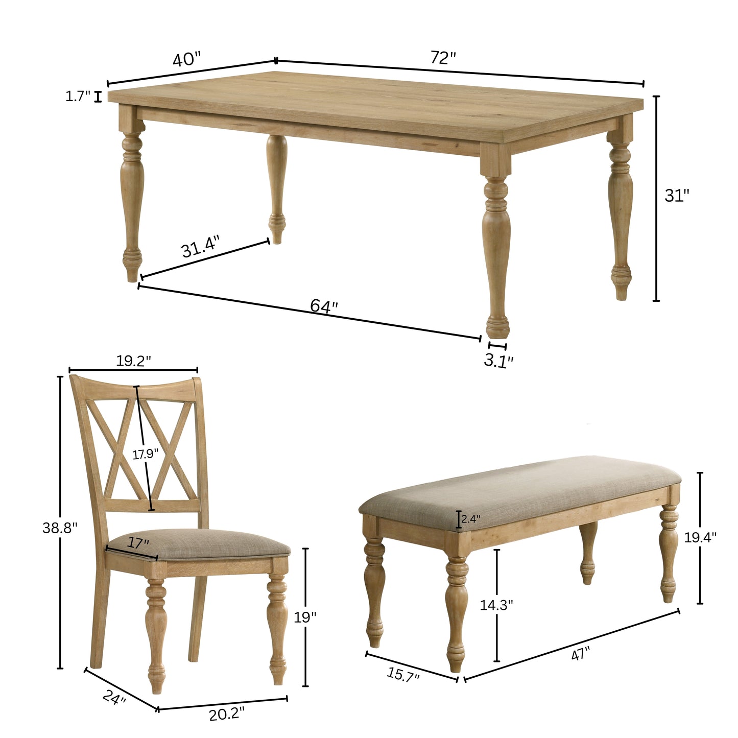 Roundhill Furniture Verta 6-Piece Dining Table with 4 Cross Back Dining Chairs and Bench, Light Oak Finish