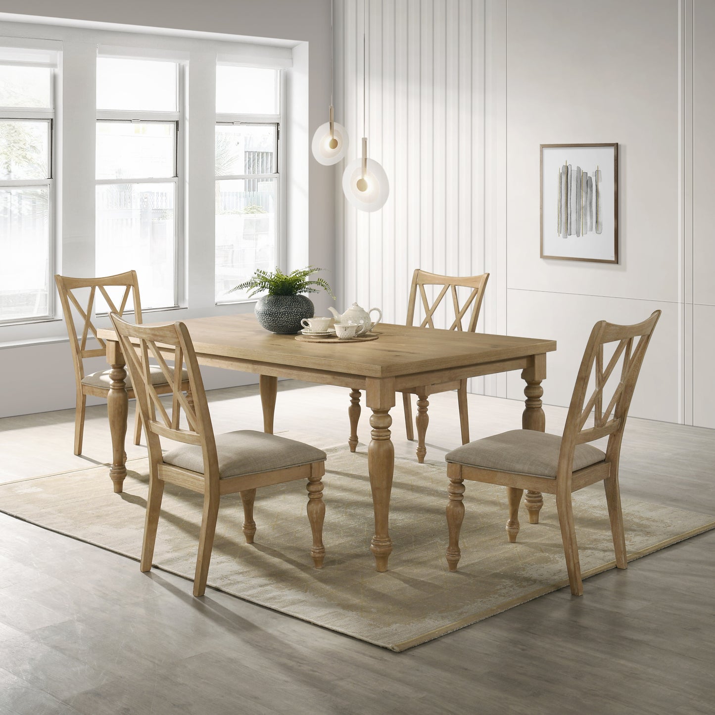 Roundhill Furniture Verta 5-Piece Dining Set, Dining Table with 4 Cross Back Dining Chairs, Light Oak Finish