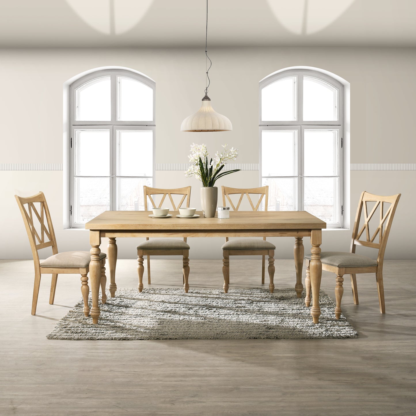 Roundhill Furniture Verta 5-Piece Dining Set, Dining Table with 4 Cross Back Dining Chairs, Light Oak Finish