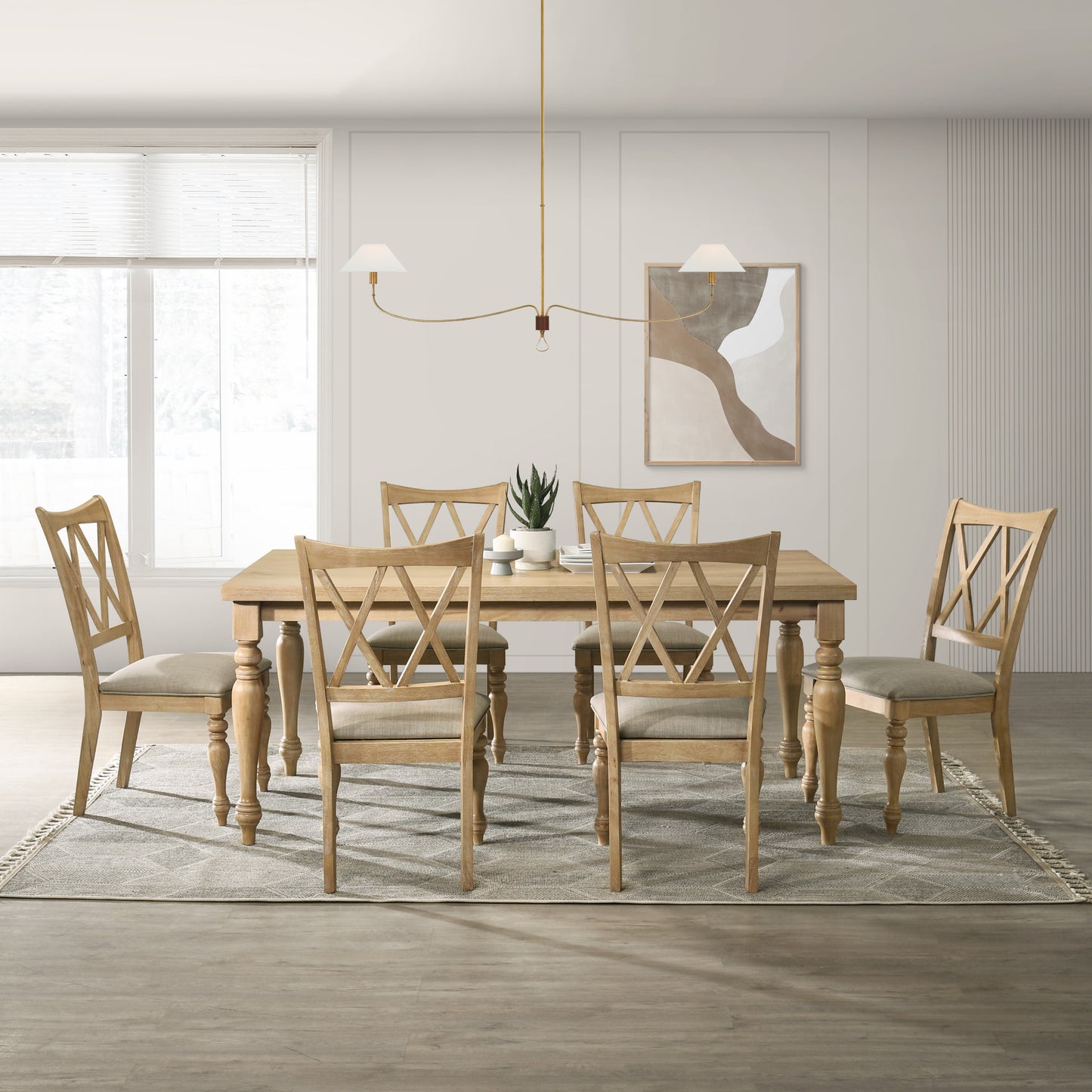 Roundhill Furniture Verta 7-Piece Dining Table with 6 Cross Back Dining Chairs, Light Oak Finish