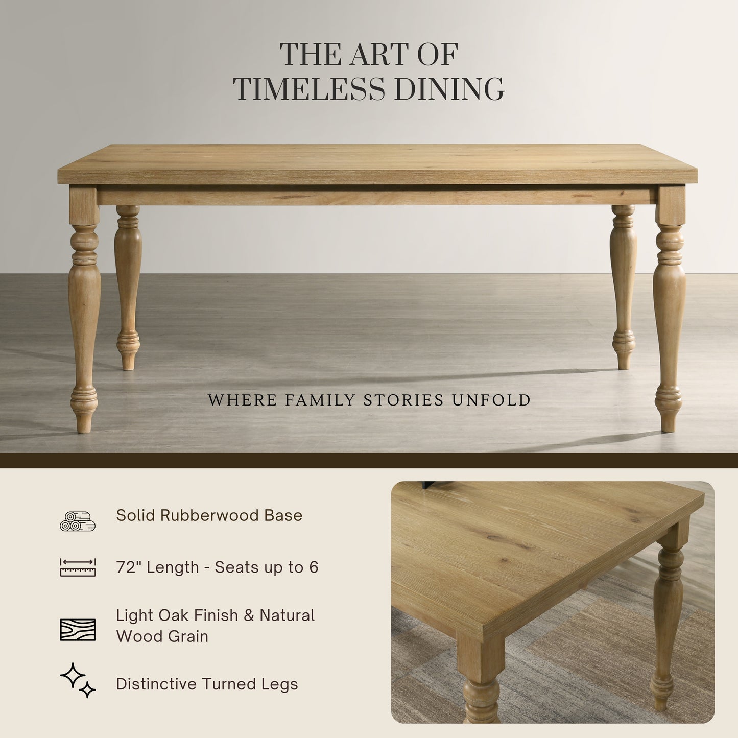 Roundhill Furniture Verta Solid Wood Leg Dining Table with Oak Veneer Top and Turned Legs