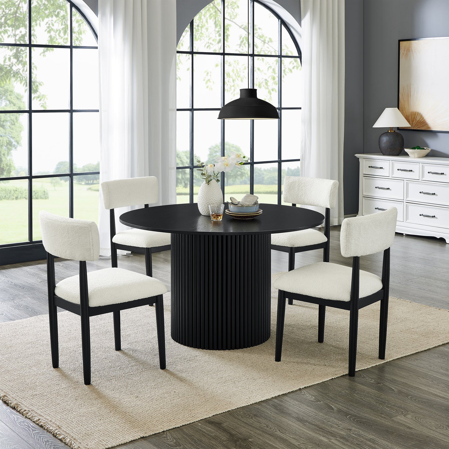 Roundhill Furniture Henriet 5-Piece Round Dining Set, Pedestal Dining Table with 4 Stylish Chairs, Black
