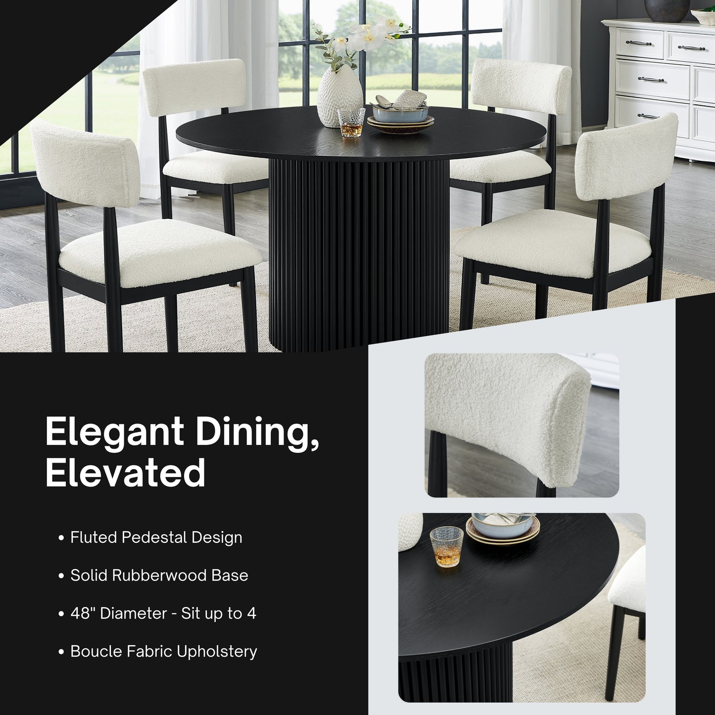 Roundhill Furniture Henriet 5-Piece Round Dining Set, Pedestal Dining Table with 4 Stylish Chairs, Black