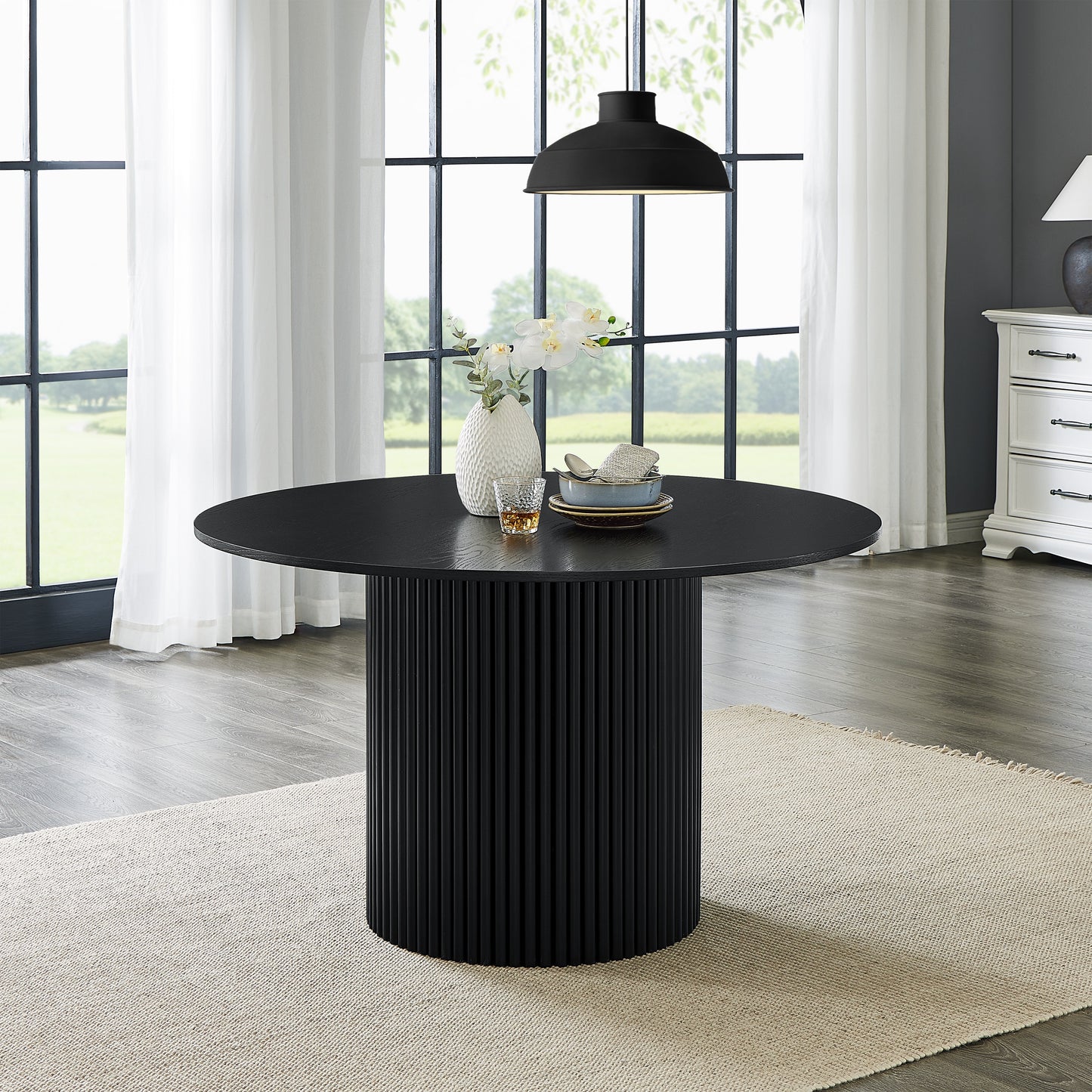 Roundhill Furniture Henriet 5-Piece Round Dining Set, Pedestal Dining Table with 4 Stylish Chairs, Black