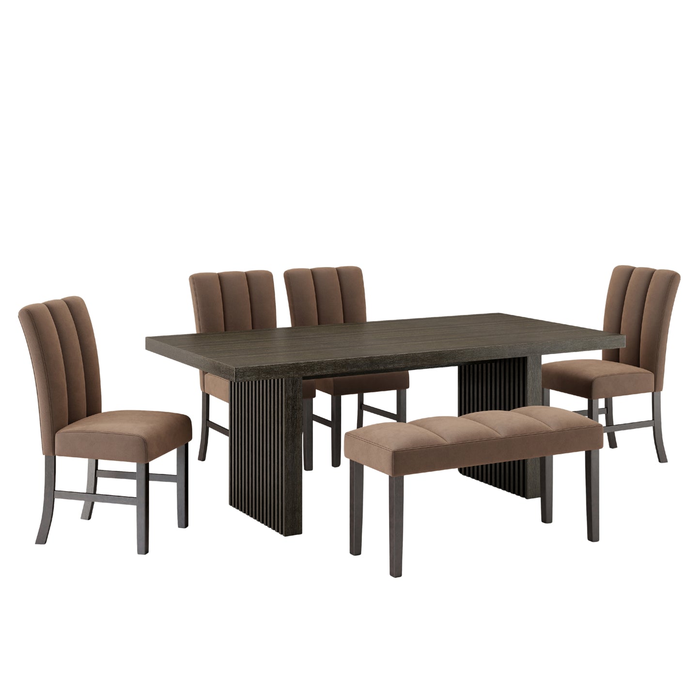 Roundhill Furniture Madison 6-Piece Dining Set, Slat-Fluted Dining Table with 4 Chairs and a Bench, Chocolate