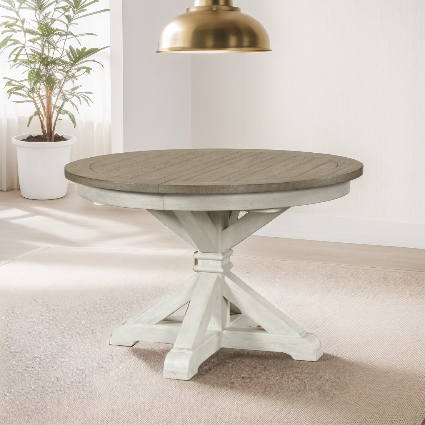 Roundhill Furniture Harola Round Pedestal Dining Table with 18" Leaf, Distressed Pine Finish