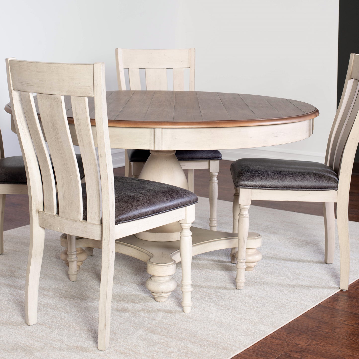 Arch Weathered Oak Dining Set: Round Table, Four Chairs