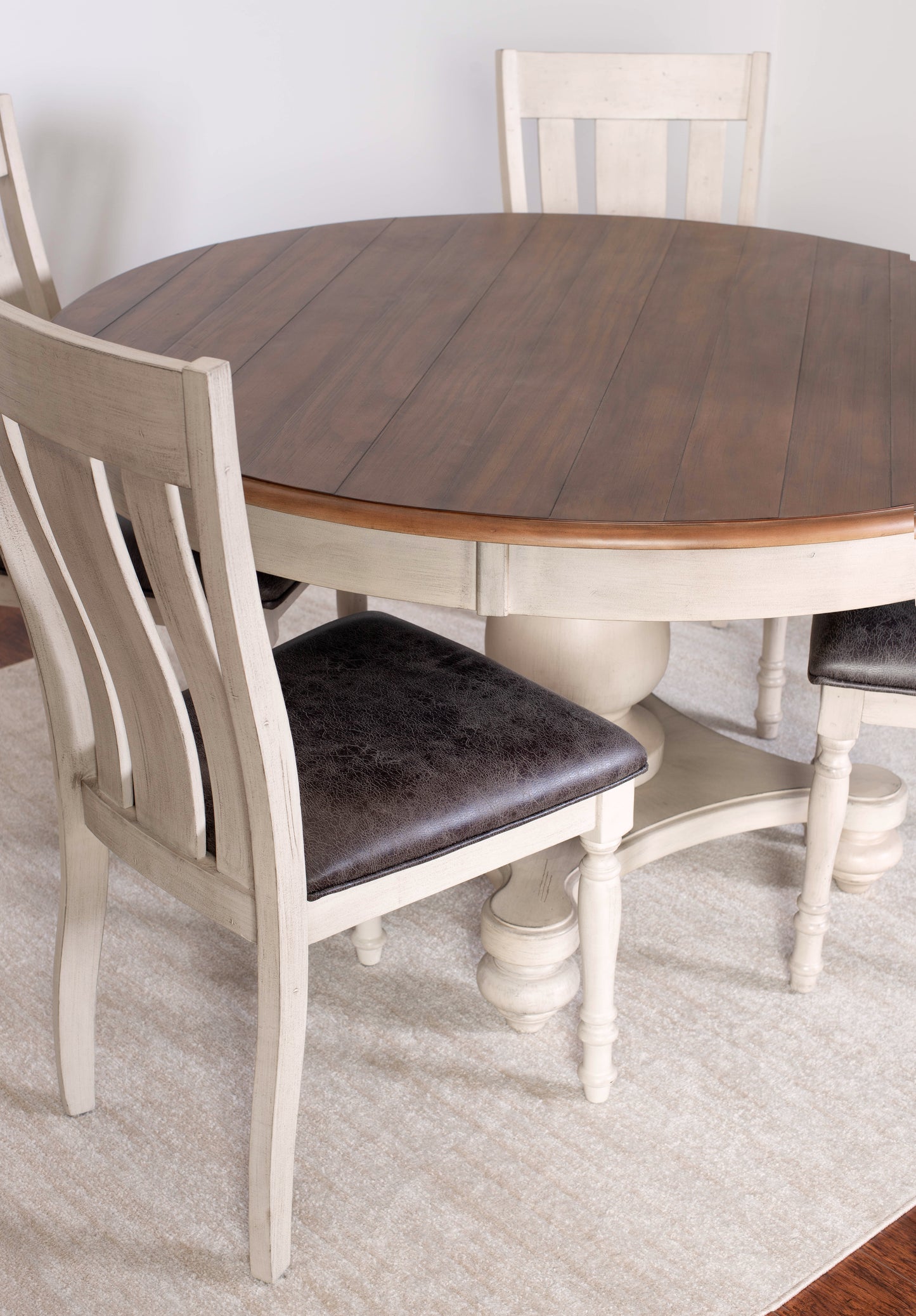 Arch Weathered Oak Dining Set: Round Table, Four Chairs