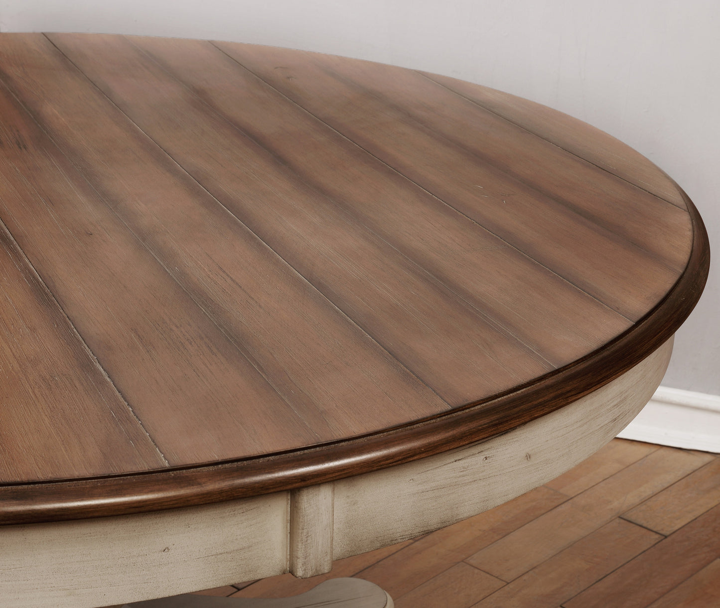 Arch Weathered Oak Dining Set: Round Table, Four Chairs
