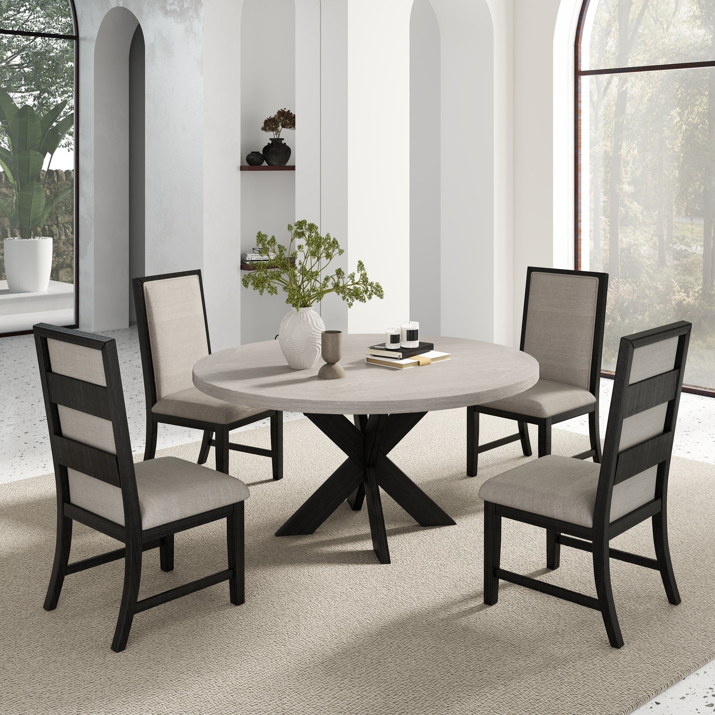 Gates 5-Piece Round Dining Set, Criss-Cross Dining Table with 4 Stylish Chairs, Light Gray