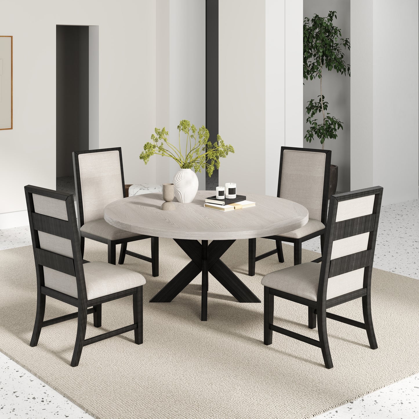Gates 5-Piece Round Dining Set, Criss-Cross Dining Table with 4 Stylish Chairs, Light Gray