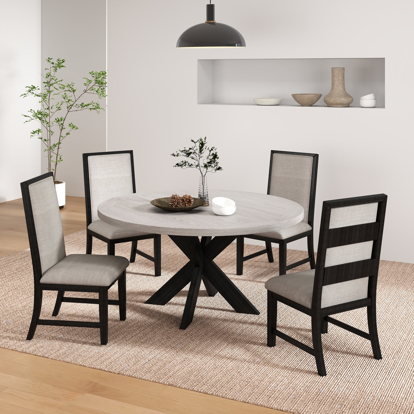 Gates 5-Piece Round Dining Set, Criss-Cross Dining Table with 4 Stylish Chairs, Light Gray