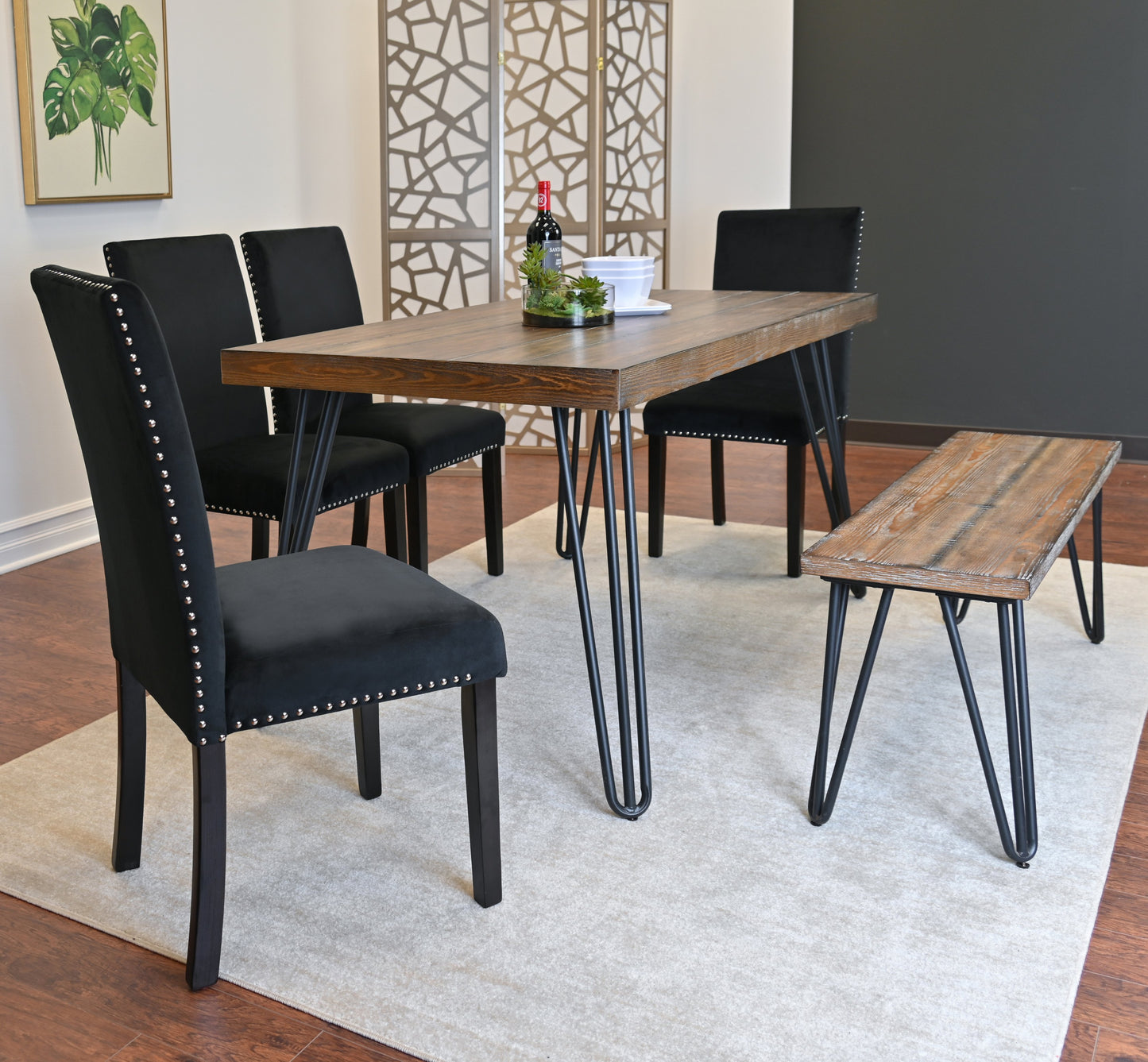Ashzo 6-Piece Dining Set, Hairpin Dining Table with 4 Chairs and Bench, 3 Color Options