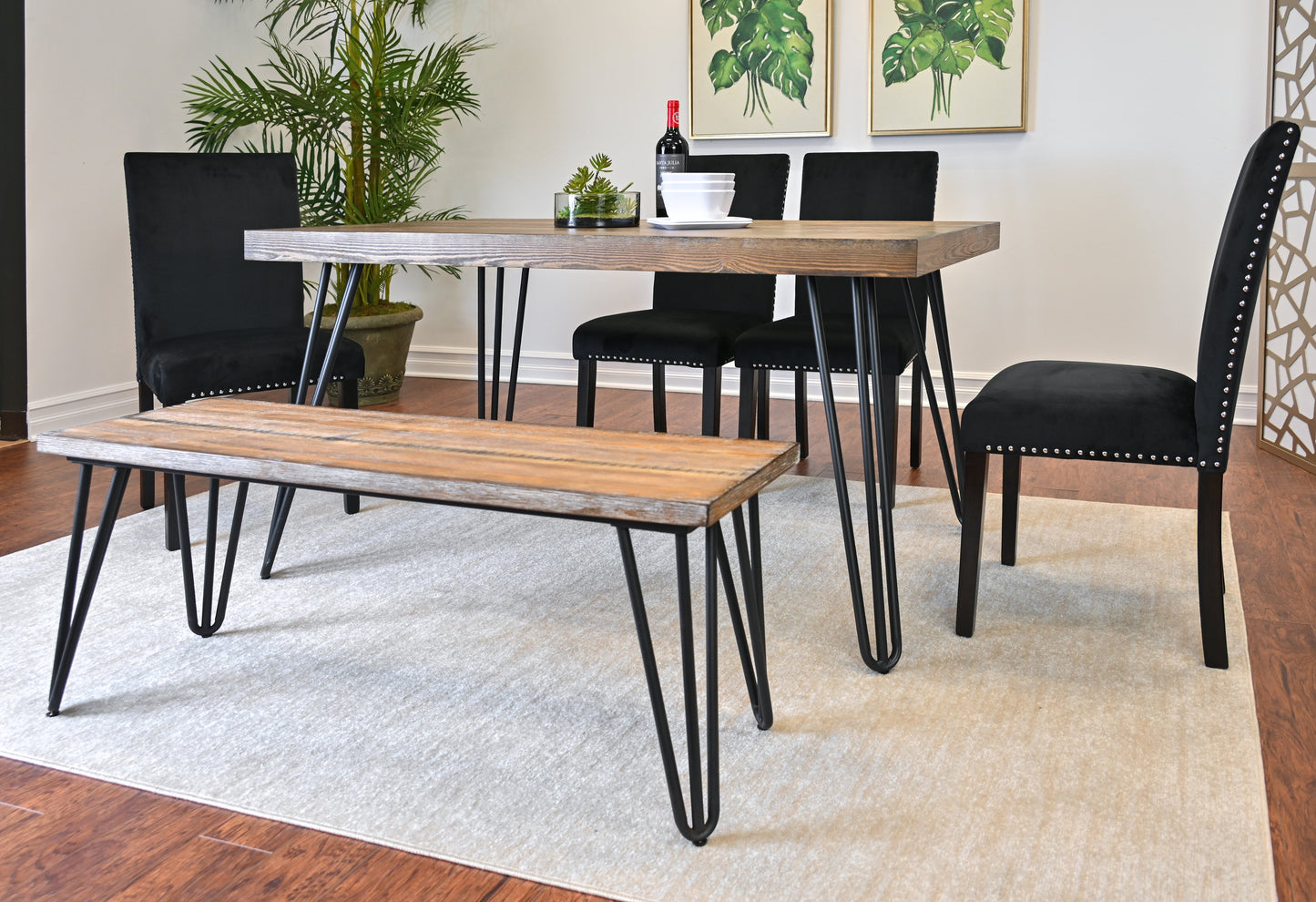 Ashzo 6-Piece Dining Set, Hairpin Dining Table with 4 Chairs and Bench, 3 Color Options