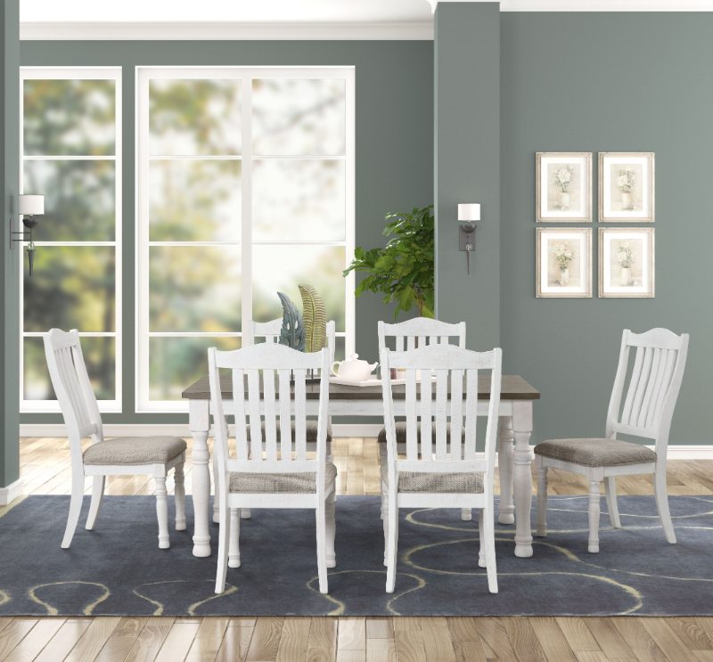 Ebret Farmhouse 7-Piece Two-tone Distressed Dining Set, Brown and White