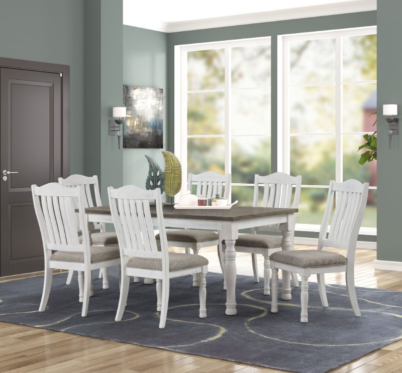 Ebret Farmhouse 7-Piece Two-tone Distressed Dining Set, Brown and White