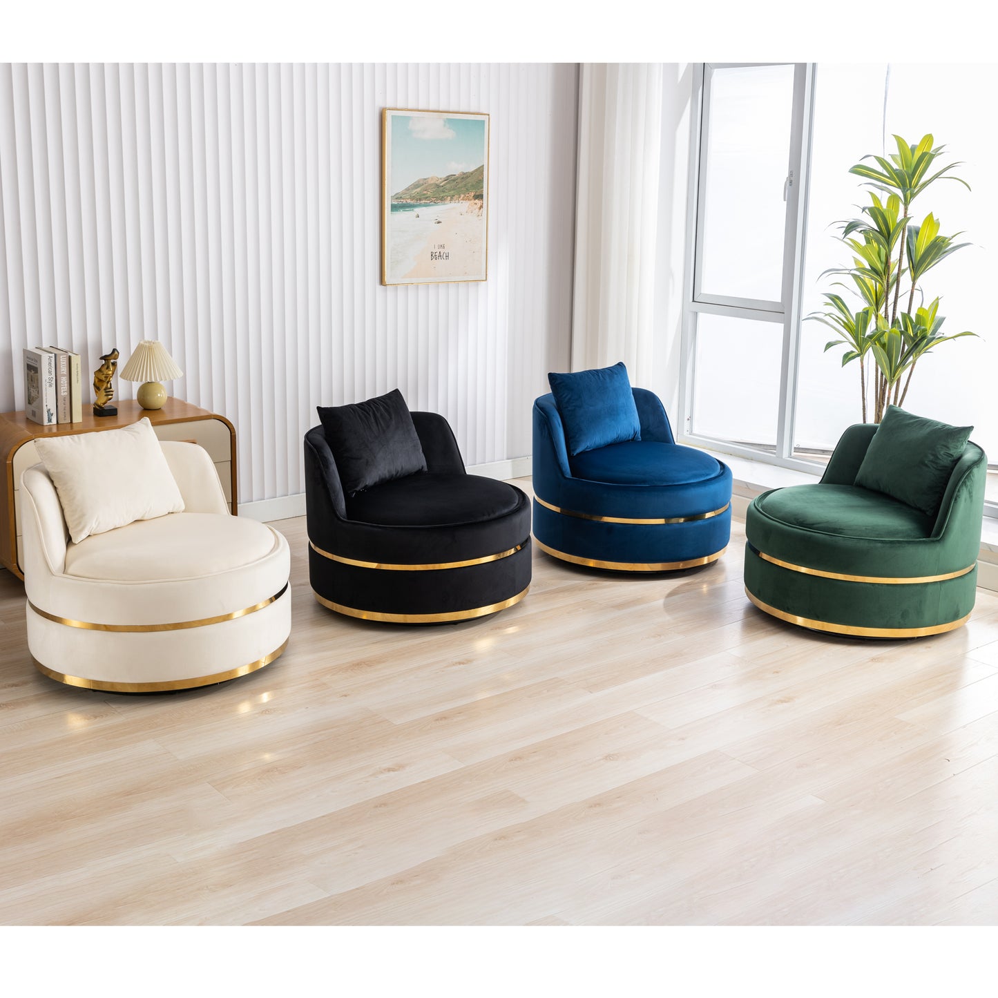 360 Degree Swivel Velvet Accent Chair, Barrel Chair Over-Sized Soft Chair with Seat Cushion, Beige