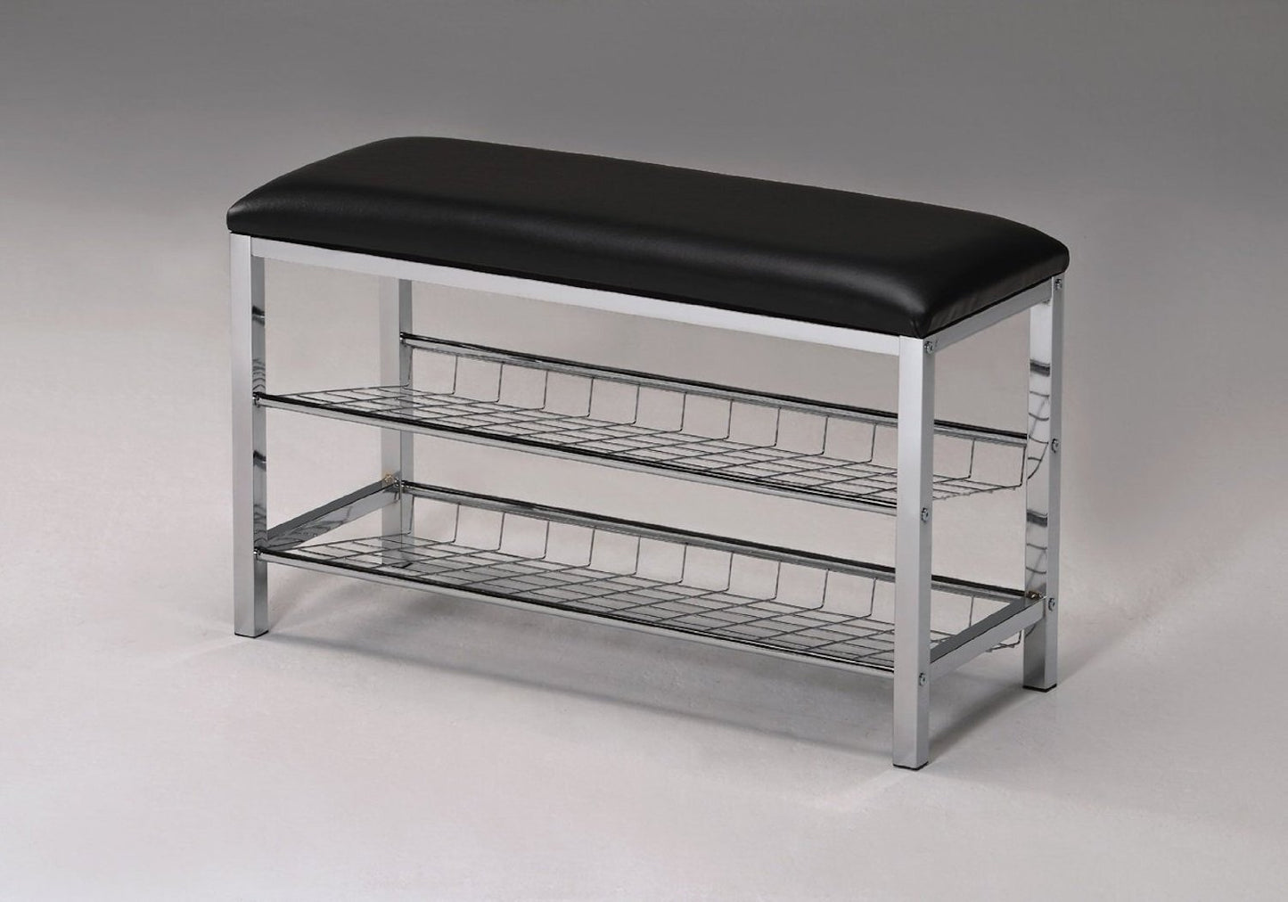 Metal Shoe Bench with Faux Leather Seat, Chrome and Black