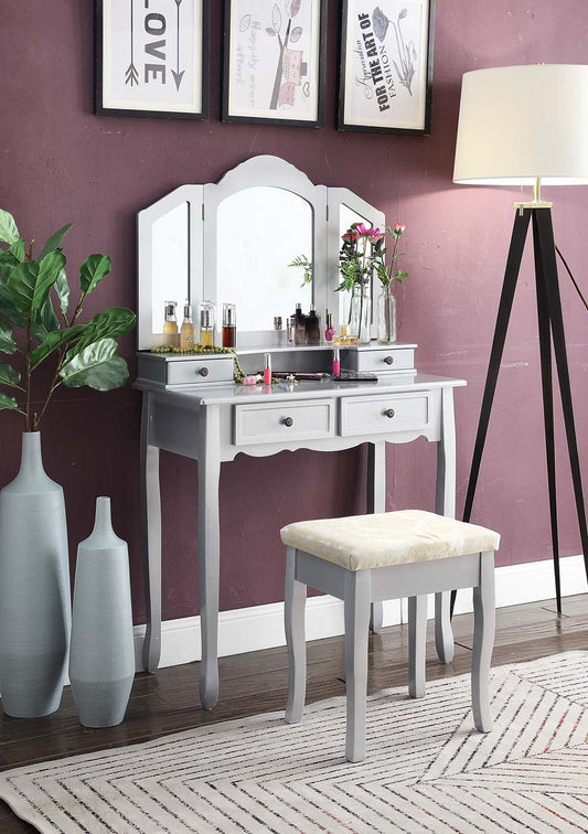 Sanlo Silver Wooden Vanity, Make Up Table and Stool Set