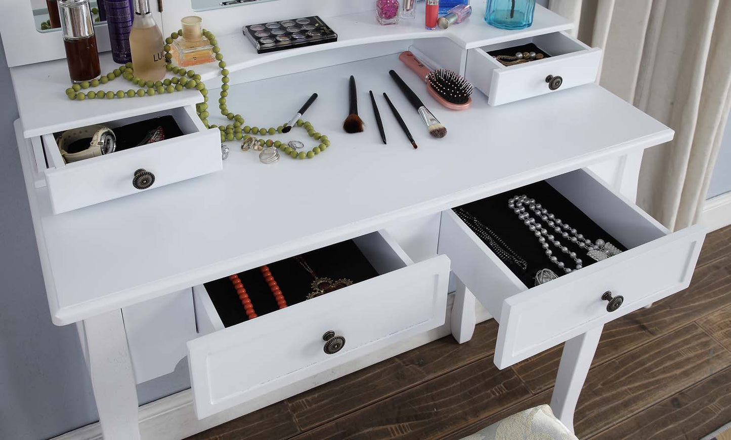 Sanlo White Wooden Vanity, Make Up Table and Stool Set