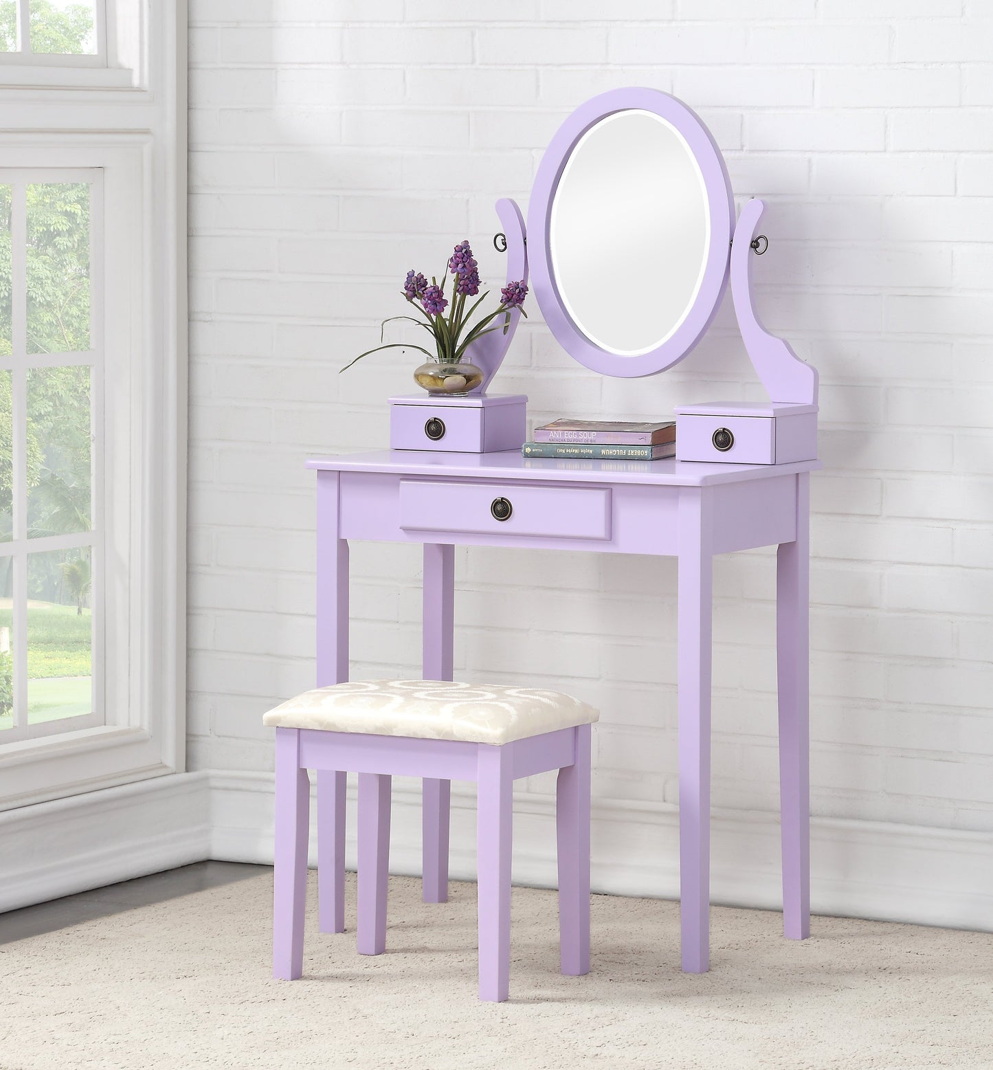 Moniya Purple Wood Makeup Vanity Table and Stool Set