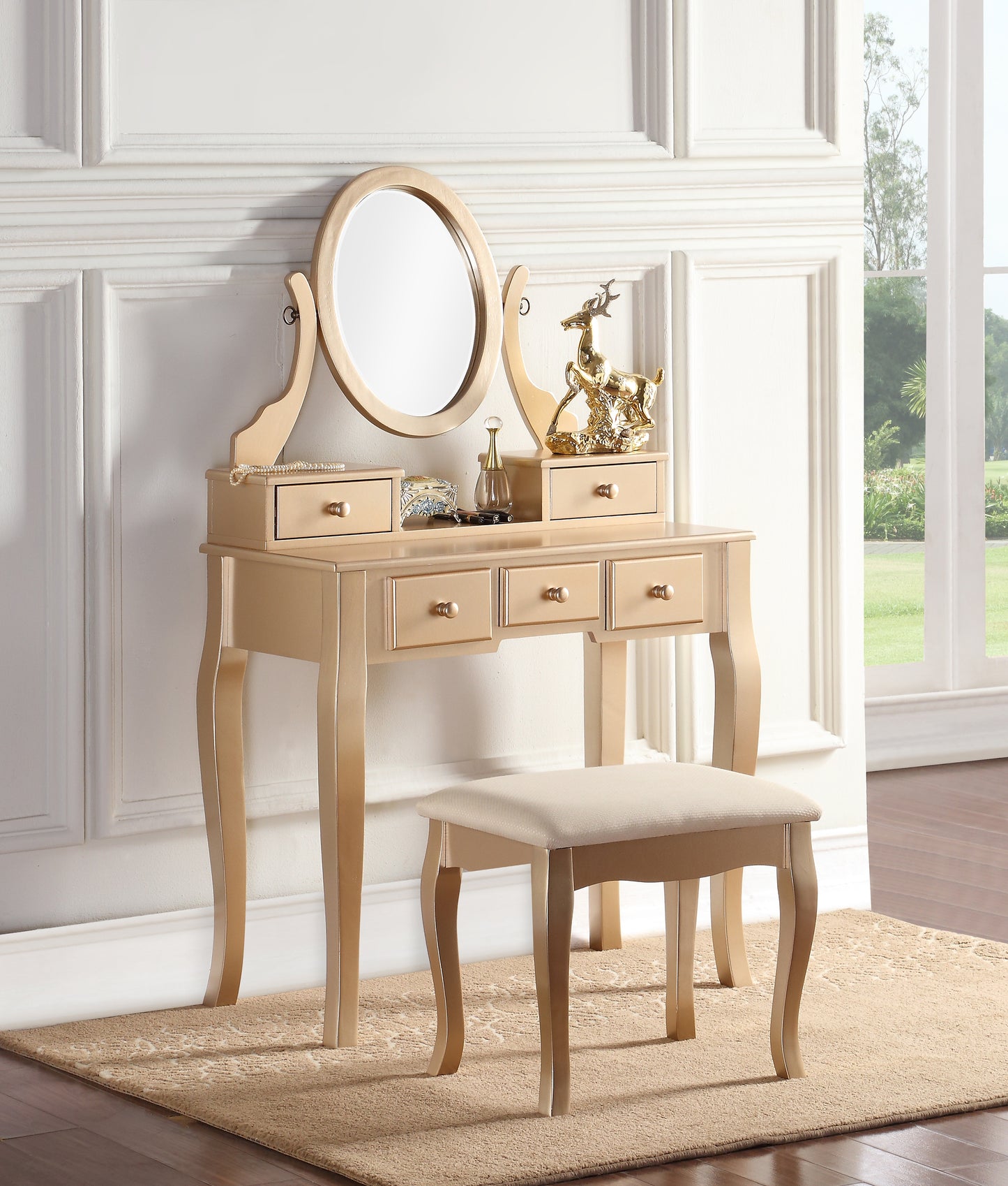 Ashley Gold Wood Makeup Vanity Table and Stool Set