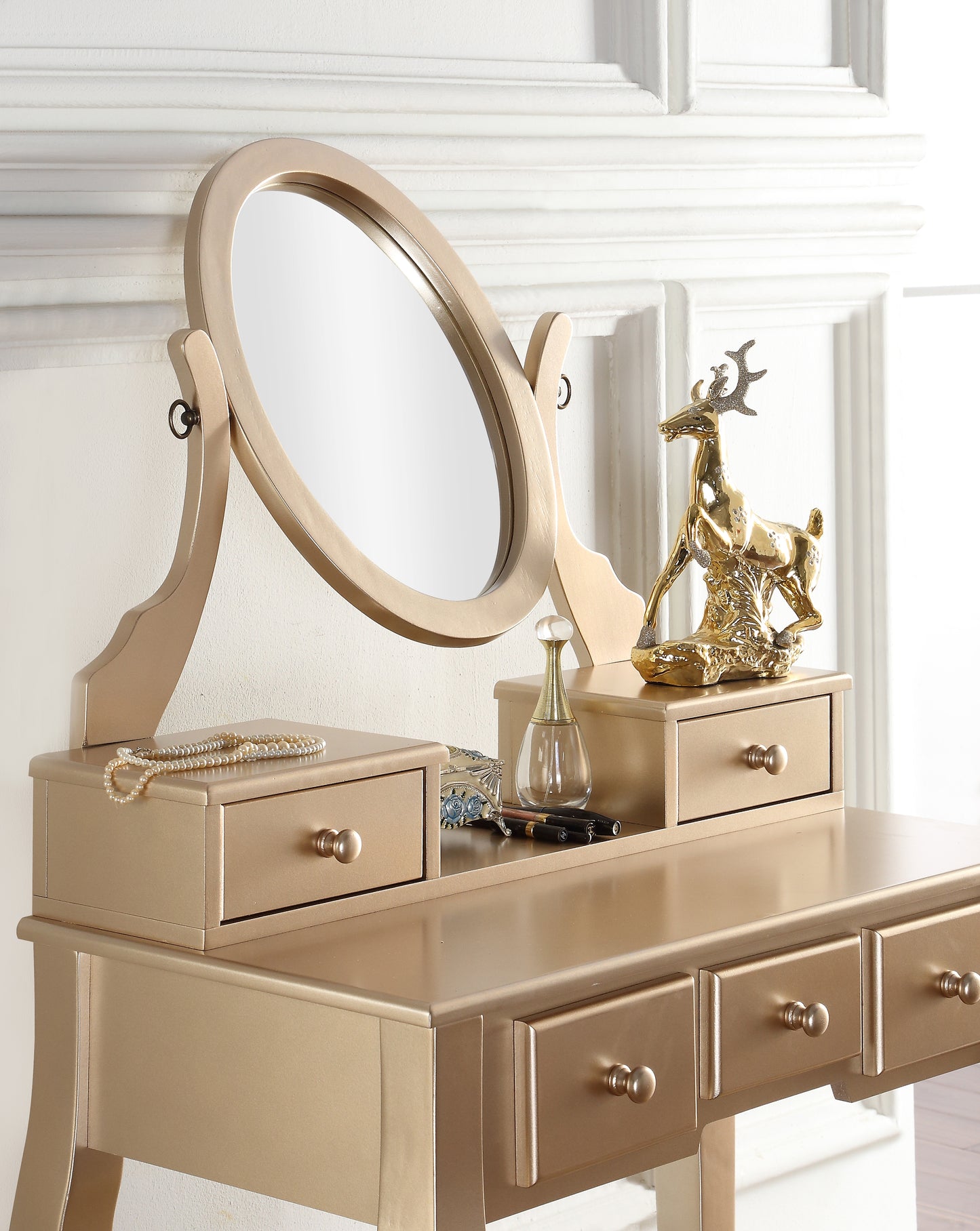 Ashley Gold Wood Makeup Vanity Table and Stool Set