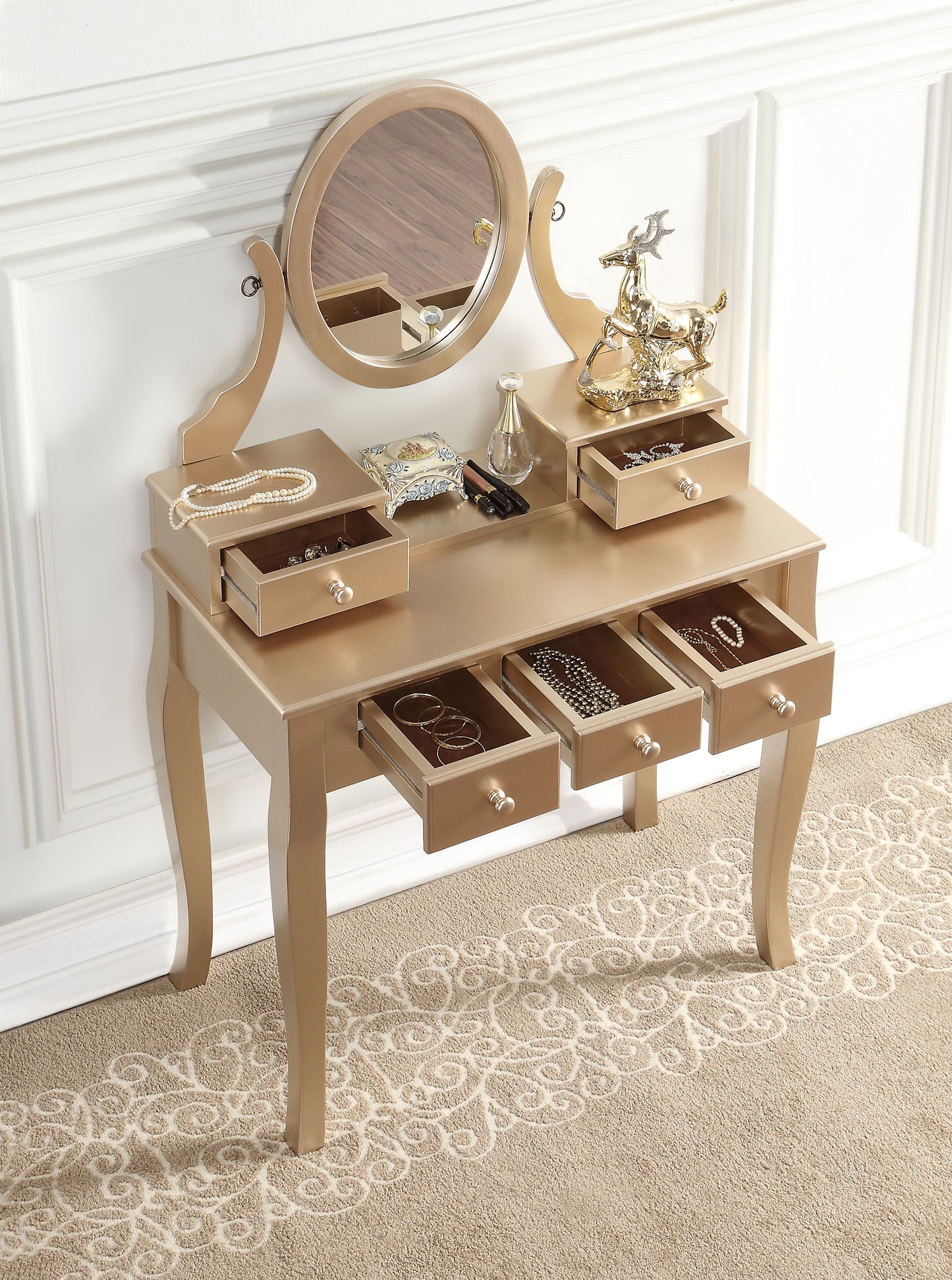 Ashley Gold Wood Makeup Vanity Table and Stool Set