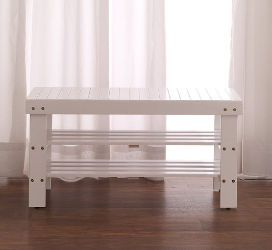 White Finish Solid Wood Shoe Bench with Shelf