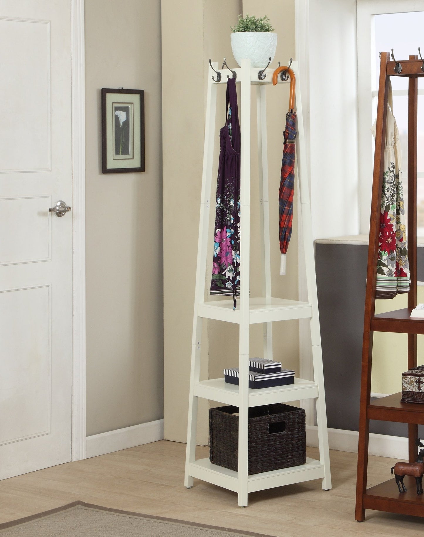 Vassen Coat Rack w/ 3-Tier Storage Shelves in White Finish