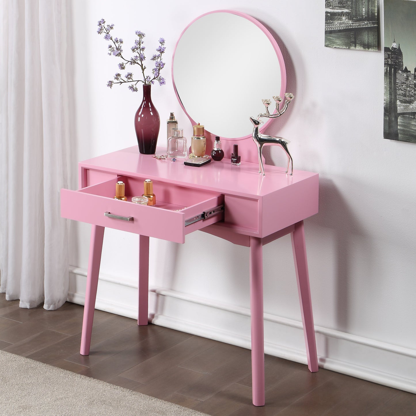 Maly Contemporary Wood Vanity and Stool Set, Pink